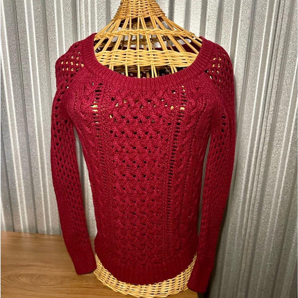 American Eagle Open Cable Knit Red Wool/Cotton Blend Sweater XS
